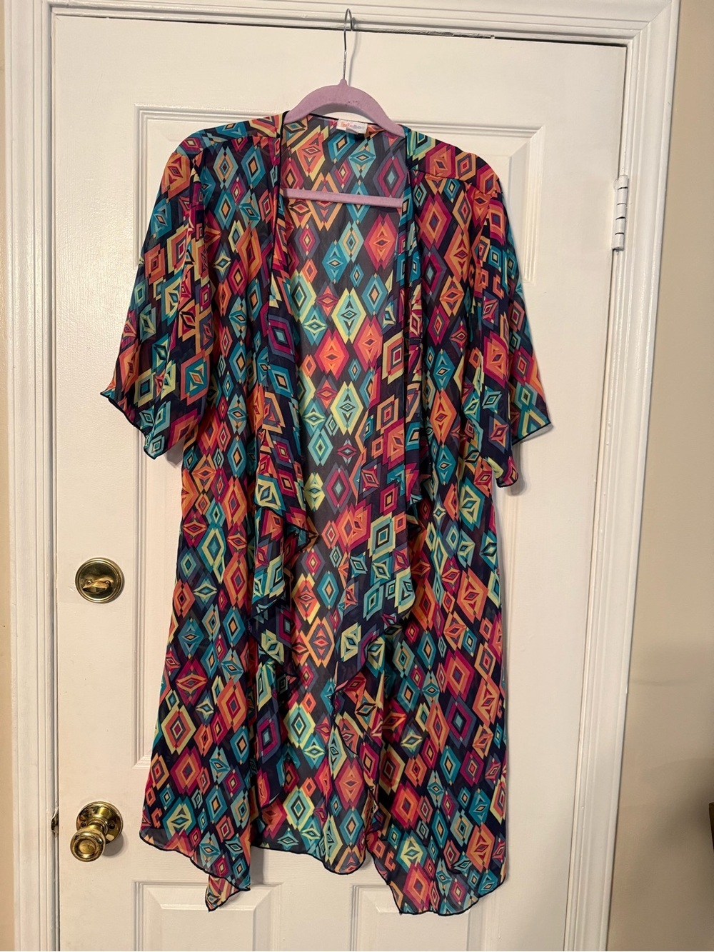 LuLaRoe Multicolor Geometric Asymmetrical Kimono - Teal, Coral, Navy
